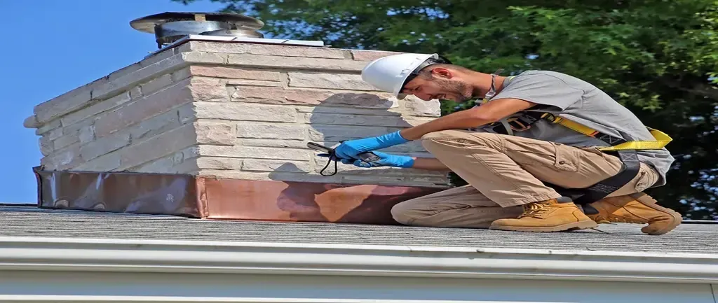 A worker in a hard hat inspects a chimney on a rooftop A worker in a hard hat inspects a chimney on a rooftop