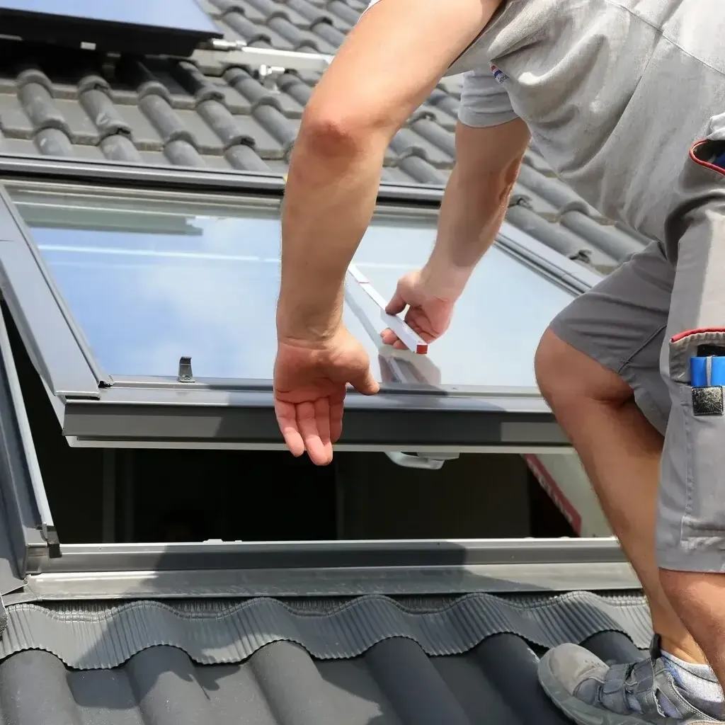 Person adjusting a skylight on a roof Person adjusting a skylight on a roof