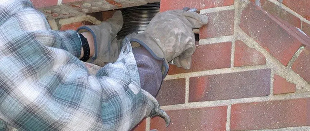 inserting a metal coil into an opening for chimney repair inserting a metal coil into an opening for chimney repair
